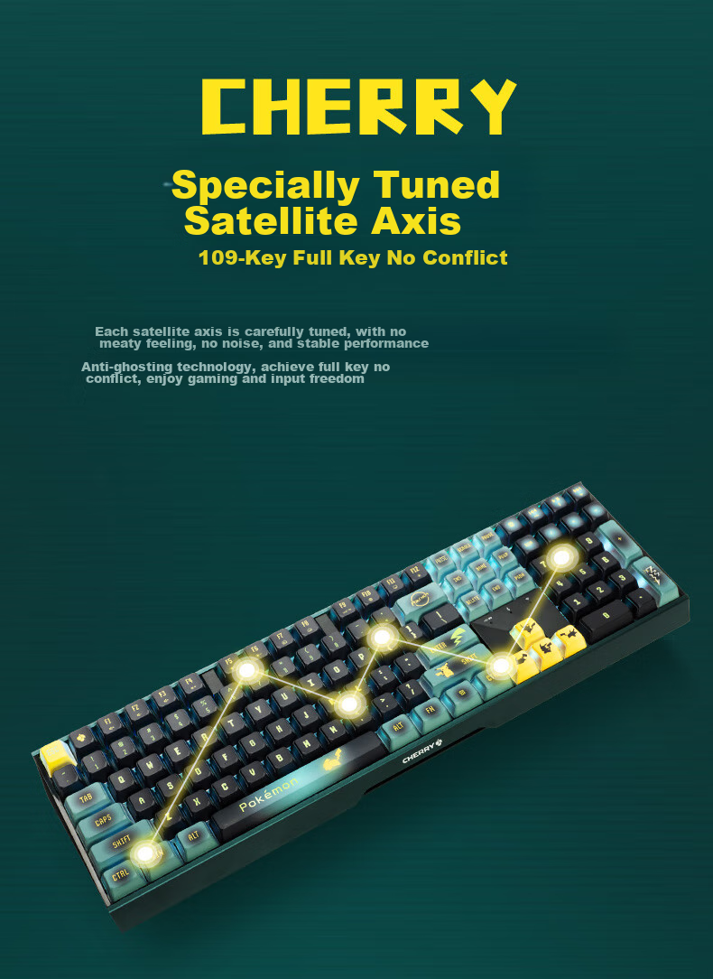 CHERRY MX3.0S Wireless Mechanical Keyboard Pikachu Co-Branded Edition, 108-клавишная игровая клавиатура, Bluetooth, трехрежимная беспроводная офисная клавиатура