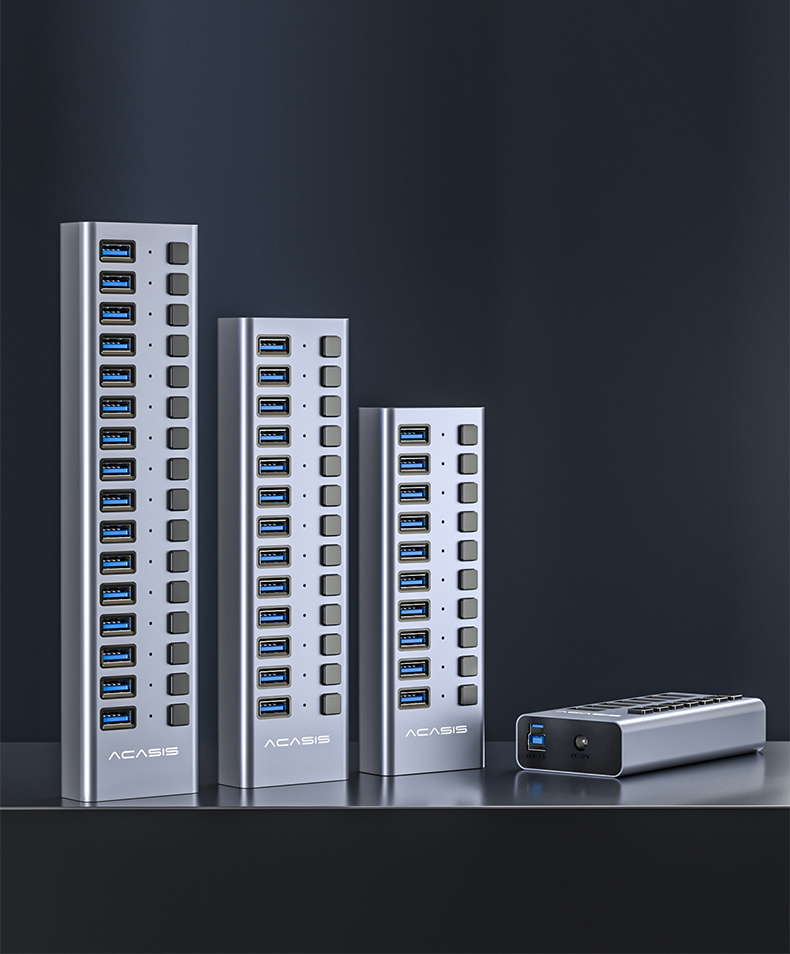 USB 3.0 концентратор Acasis HS-707MG, 7 портов с независимым управлением, алюминиевый корпус, серебристый