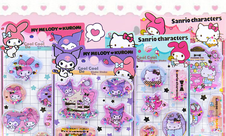 Наклейки «Sanrio Shake Sand Water Stickers A» для детей, 4 шт. в наборе, водонепроницаемые, с блестками, для творчества, возраст 3+