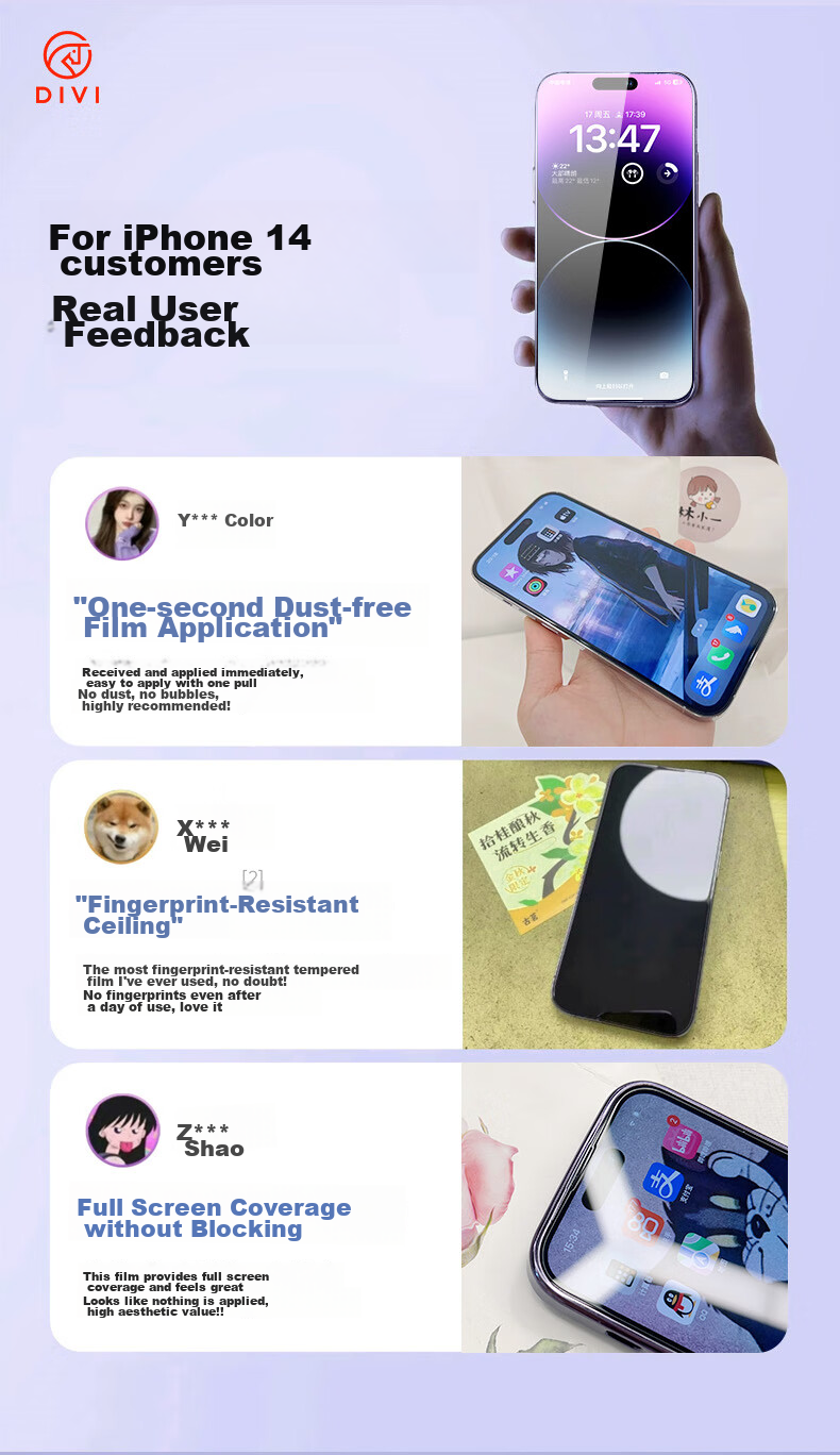 Защитное стекло DIVI для Apple iPhone 14 Pro, противоударное, антибликовое, ультратонкое, с полным покрытием