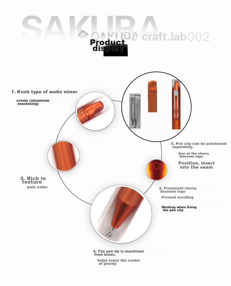 SAKURA Craft Lab 002 Yellow, Японская шариковая ручка, подарочный набор, латунный корпус, 0.5 мм, черные чернила