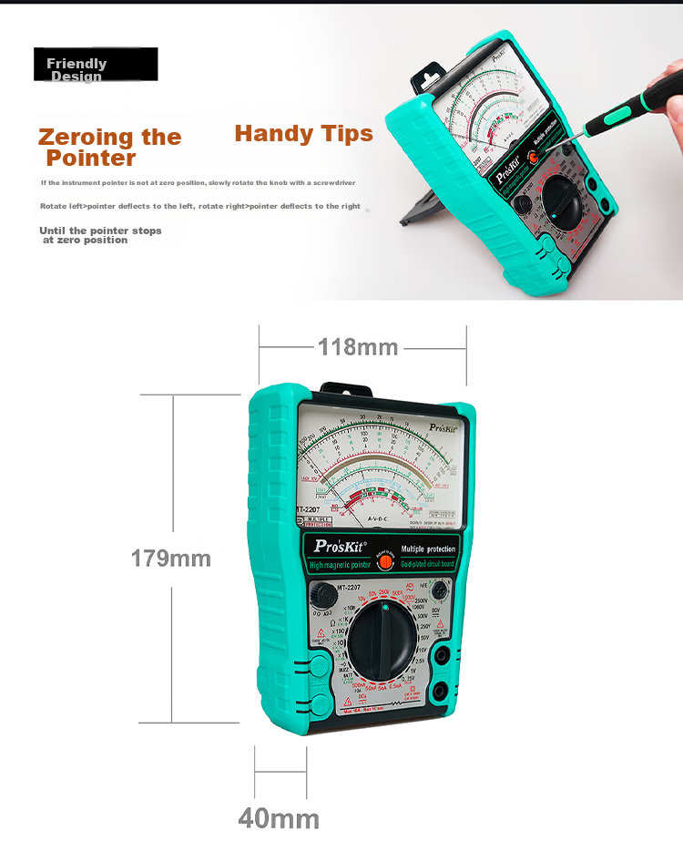 Аналоговый мультиметр Pro'sKit MT-2207, Smart Burn Protection, защита от перегрузки, трехфункциональный электроизмерительный прибор