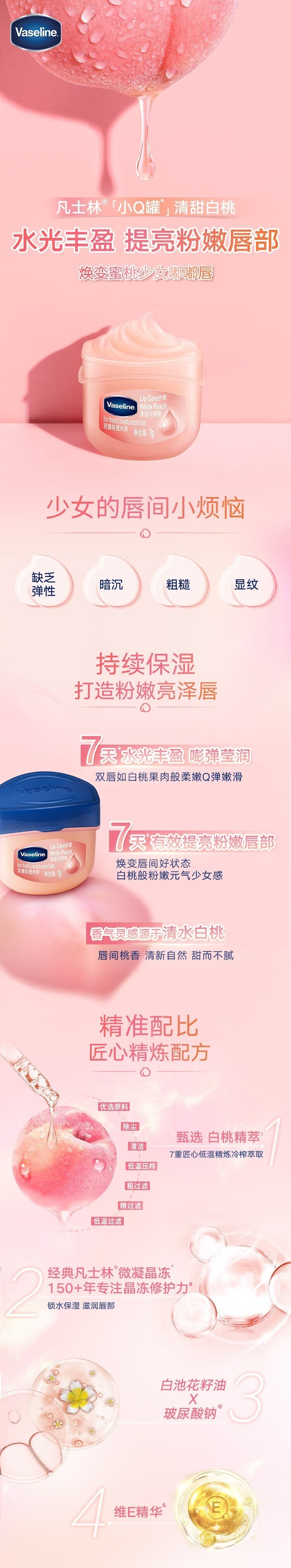 凡士林(Vaseline)润唇膏7g清甜白桃 唇膜润唇晶冻保湿补水去死皮