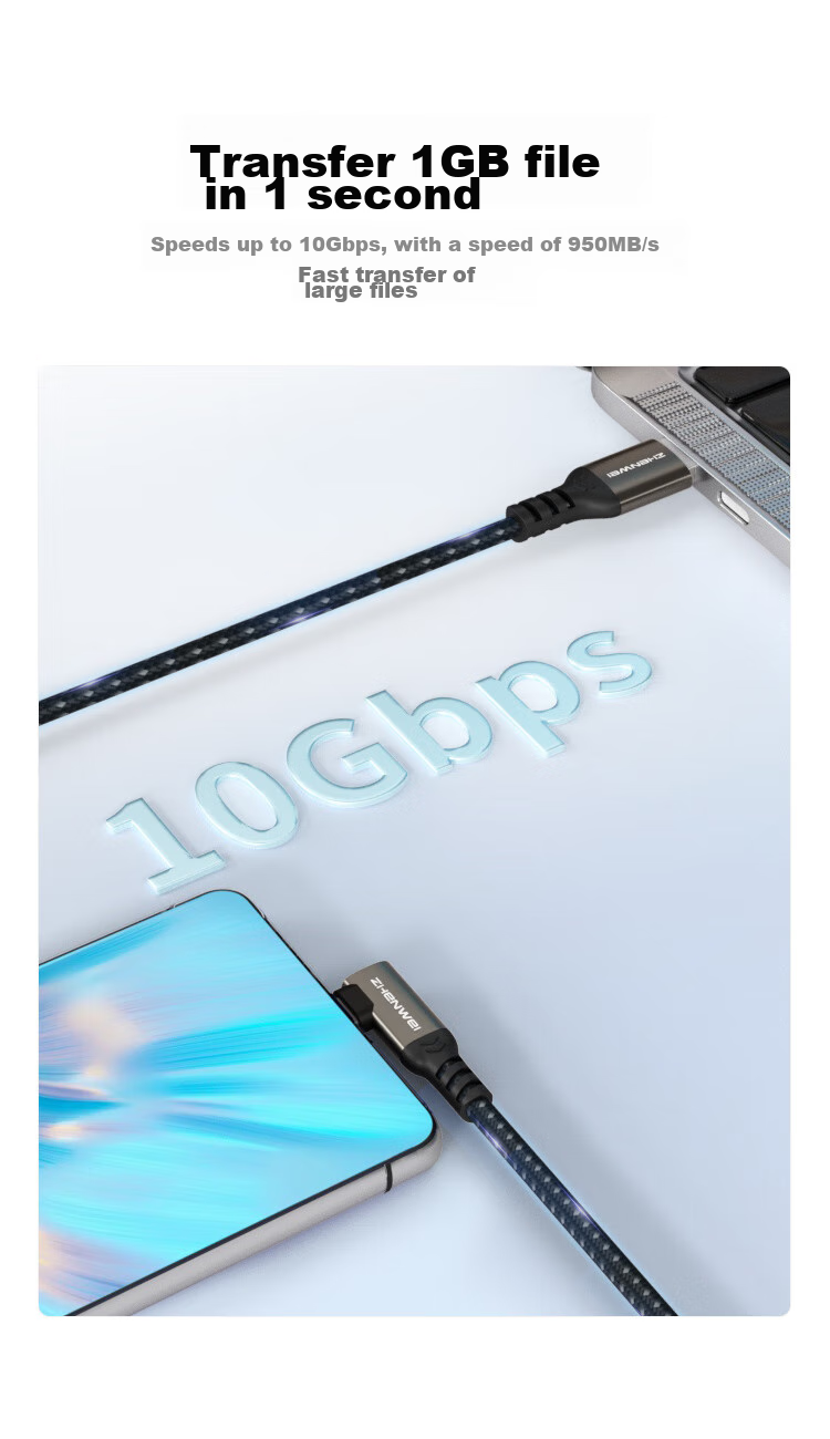 Кабель ZHENWEI USB 3.2 Type-C, 2 метра, 10 Гбит/с, 3А быстрая зарядка, черный