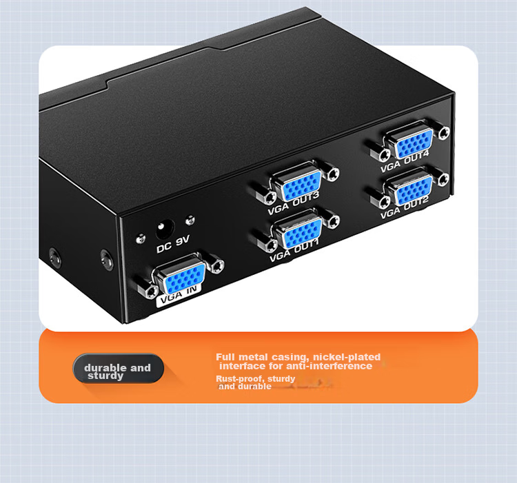 Разветвитель VGA SAMZHE HV-802W, 1 вход / 2 выхода, 250 МГц, поддержка HD 1080P, металлический корпус, черный