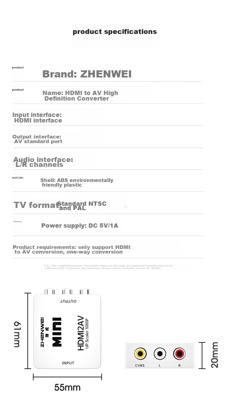 Конвертер ZHENWEI HDMI в AV, HD видео конвертер с интерфейсами RCA (красный, белый, желтый) для старых приставок и телевизоров