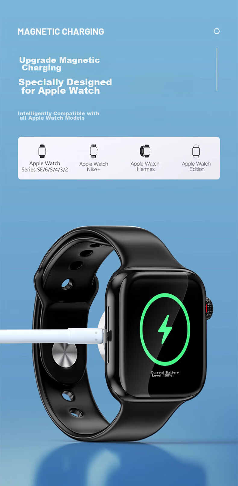 Магнитная зарядная док-станция KOVOL для Apple Watch Series 11/10/9/8/7/6SE/Ultra, USB-версия, 1 метр