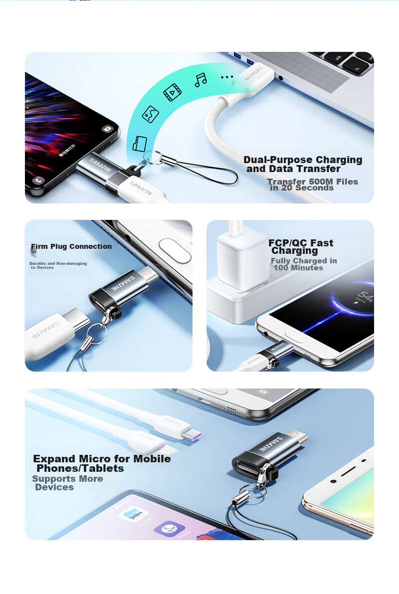 Адаптер SAMZHE Micro USB на Type-C, кабель-конвертер для зарядки и передачи данных, совместим с Huawei, Xiaomi, Samsung, OPPO, Vivo