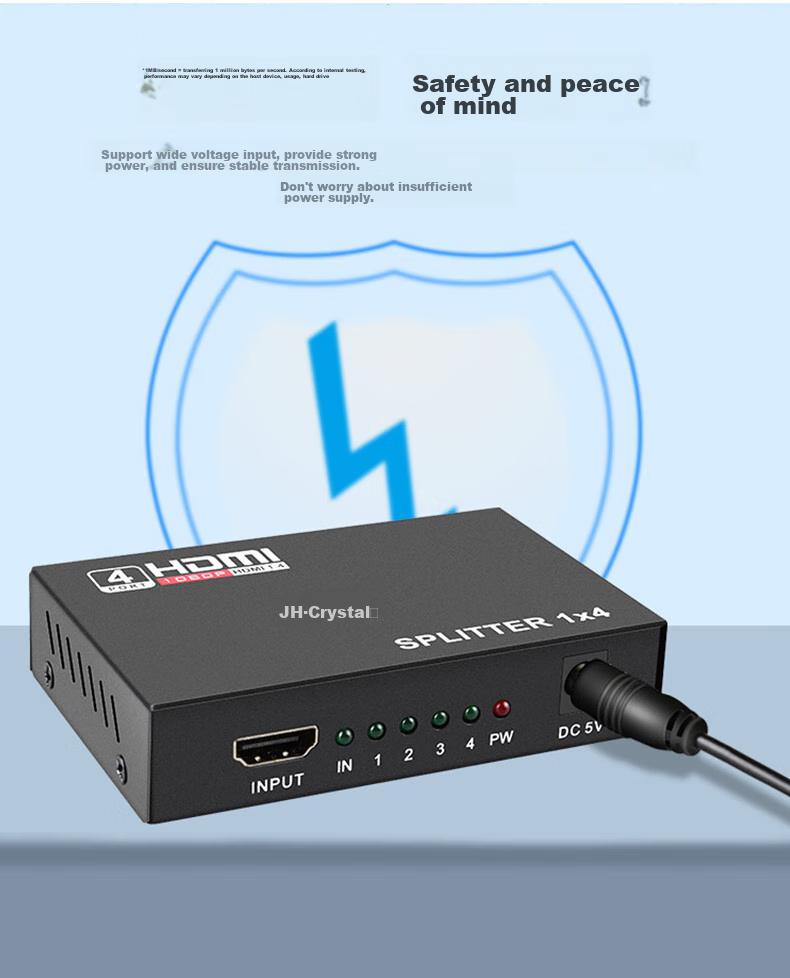HDMI сплиттер Jinghua F211, 1 вход 4 выхода, 4K HD, для ТВ-приставки, компьютера, ноутбука, подключения к телевизору, проектору, монитору, черный