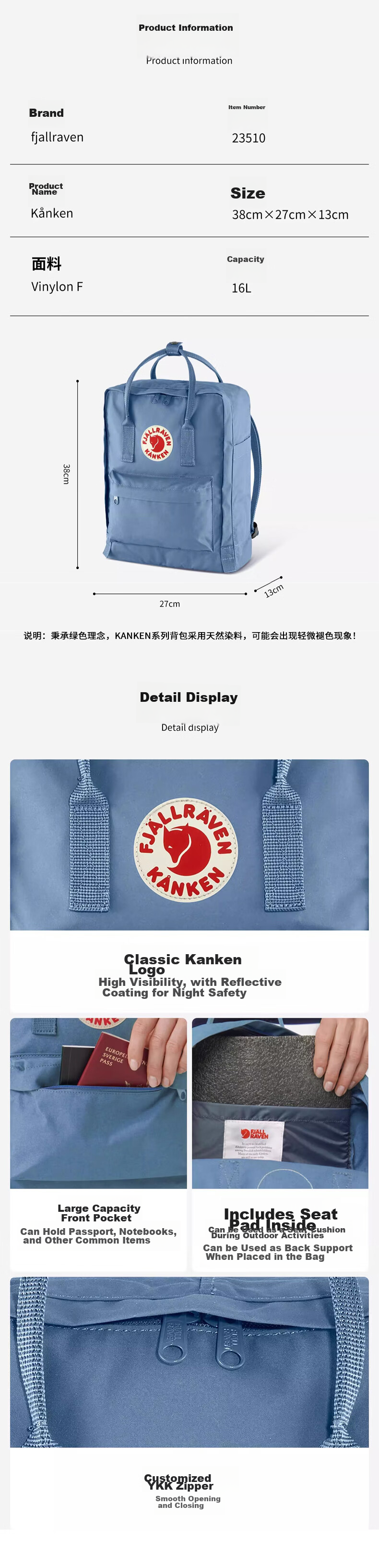 Рюкзак FJALLRAVEN Kanken, ультралегкий, вместительный школьный, для города и путешествий, 16 л, графитовый черный
