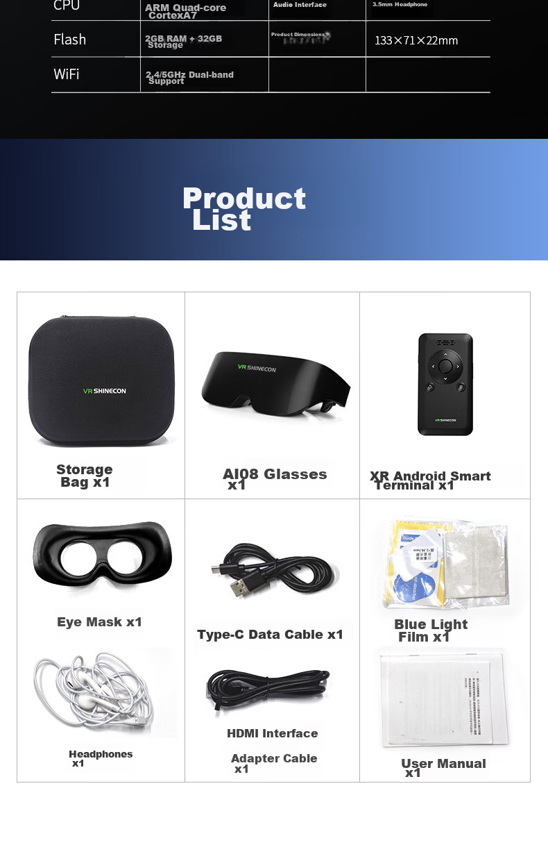Умные очки XR VRSHINECON SC-AIO8, 1000-дюймовый гигантский экран, VR-гарнитура с высоким разрешением, 3D-дисплей