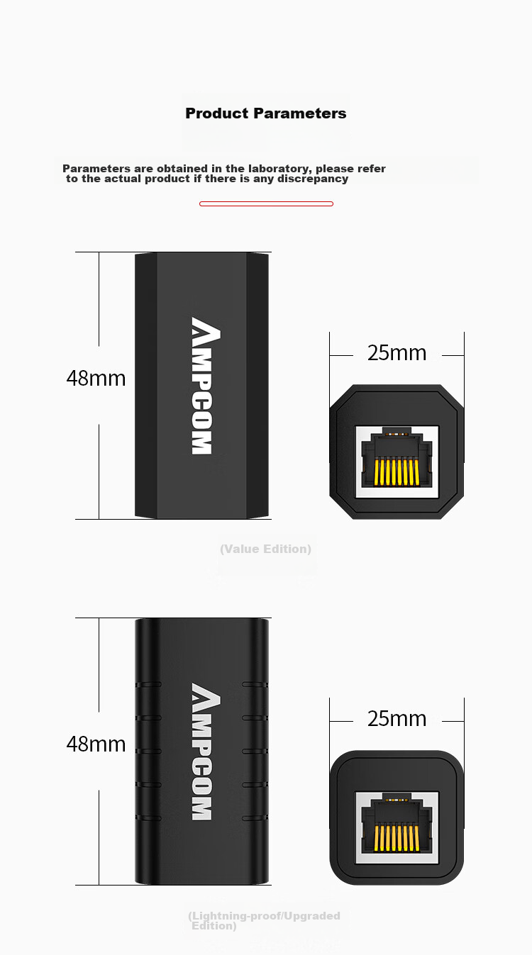 AMPCOM CAT6 Gigabit Crystal Head Network Cable Straight-Through Connector, CAT6 Shielded Double-Pass Network Extension Connector RJ45 Computer Network Port Adapter Black 1 Piece AMCAT6BK102