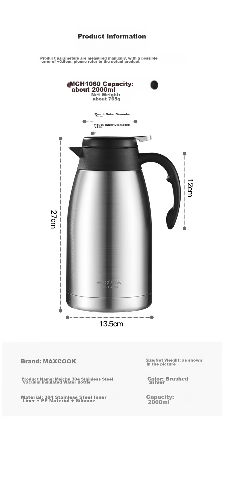 Термос MAXCOOK MCH1060, 2 л, серебристый