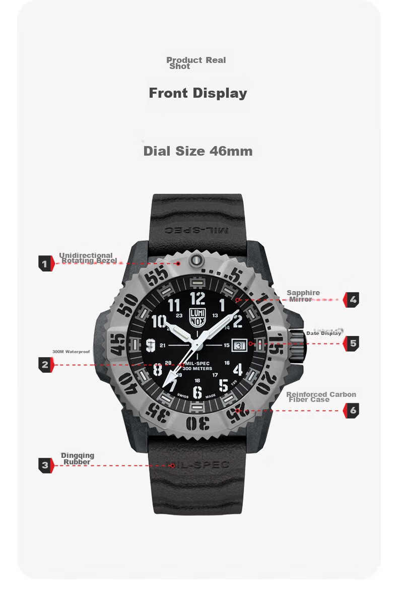 Швейцарские часы Luminox Military Standard 3351, мужские, спортивные, кварцевые, водонепроницаемые до 300 м, с резиновым ремешком, корпус из углеродного волокна