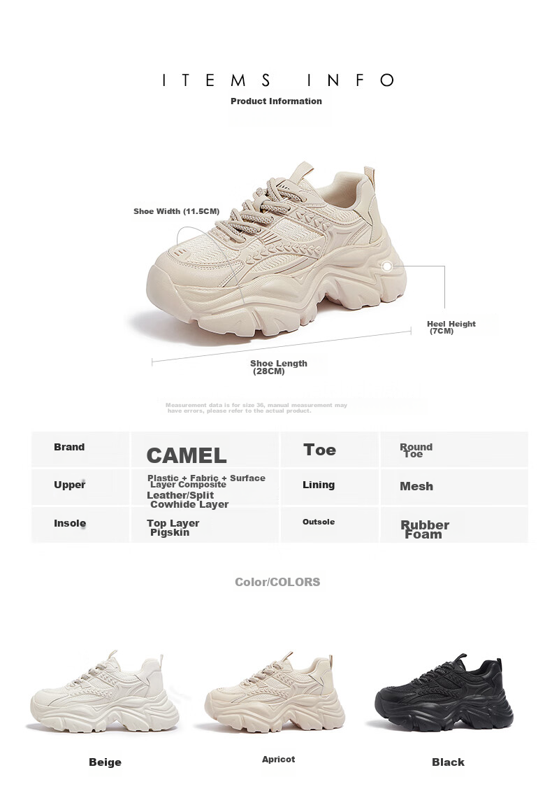 Женские кроссовки CAMEL, спортивные повседневные кроссовки на толстой подошве, модель L24S283622, черные, размер 36