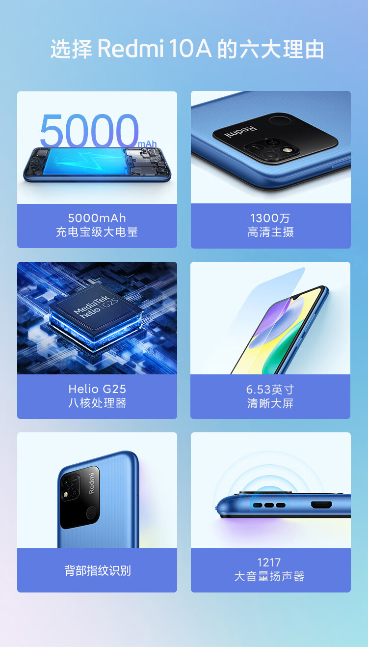 小米红米Redmi 10A 手机 4GB+64GB烟波蓝 指纹解锁 八核处理器 5000mAh长续航 【移动用户专享】