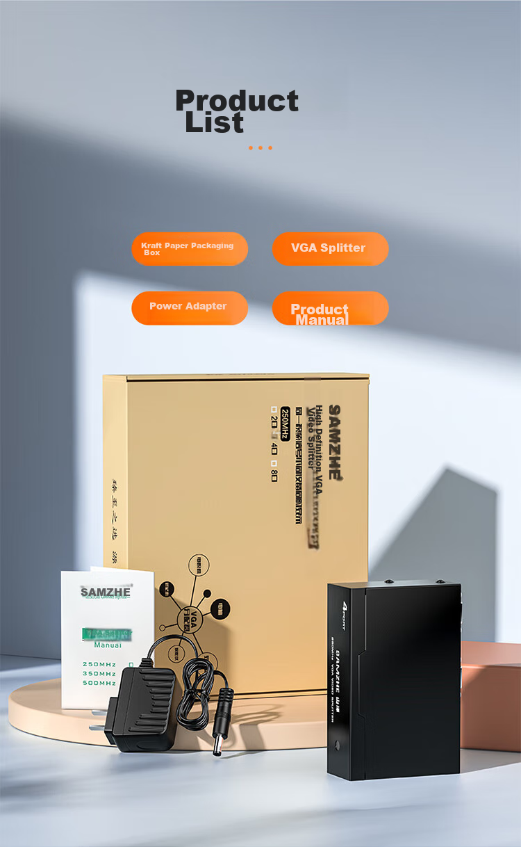 Разветвитель VGA SAMZHE HV-802W, 1 вход / 2 выхода, 250 МГц, поддержка HD 1080P, металлический корпус, черный