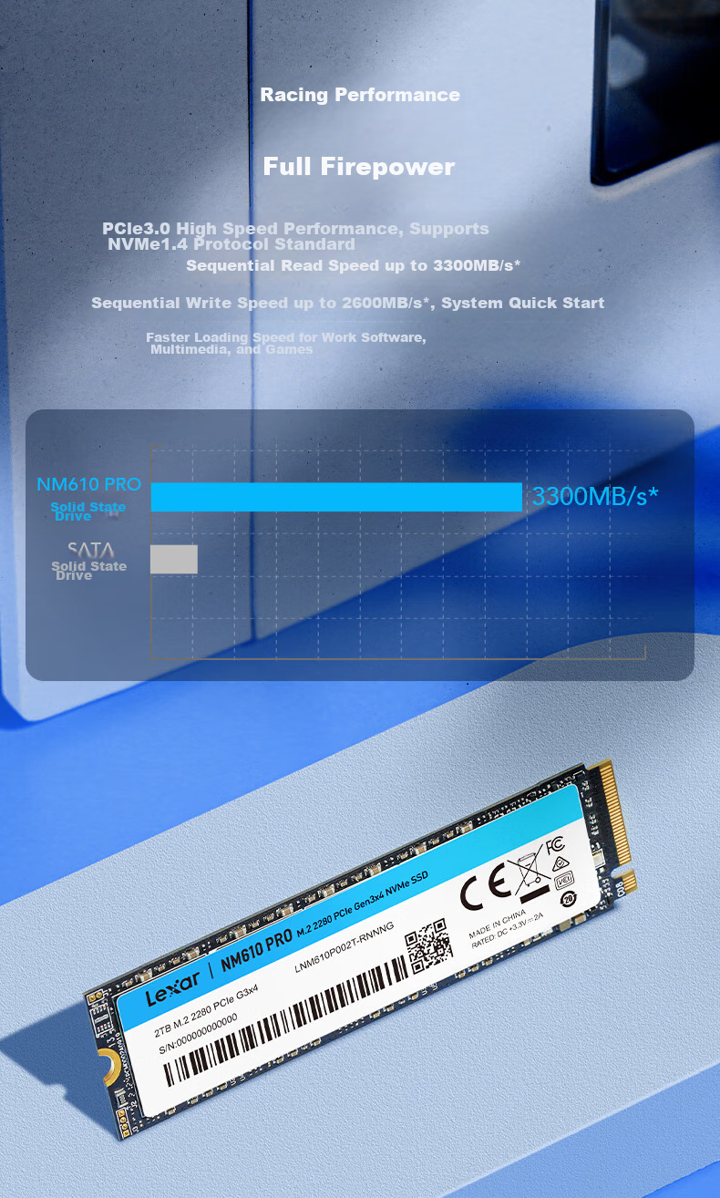 SSD-накопитель Lexar NM610PRO, 1 ТБ, M.2, NVMe PCIe 3.0 x4, скорость чтения 3300 МБ/с