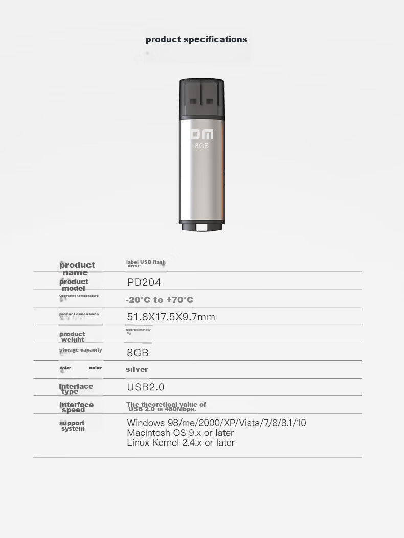 USB-флеш-накопитель DM Daimai 8GB USB 2.0, PD204 Серебристый, маленький USB-накопитель для тендеров, компьютеров, автомобилей.