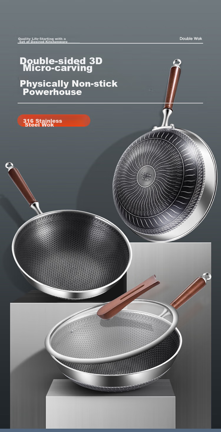 Сковорода MAXCOOK Wok, 316 нержавеющая сталь, 32см, антипригарная, трехслойная сталь, подходит для газовых и индукционных плит, MCC3902