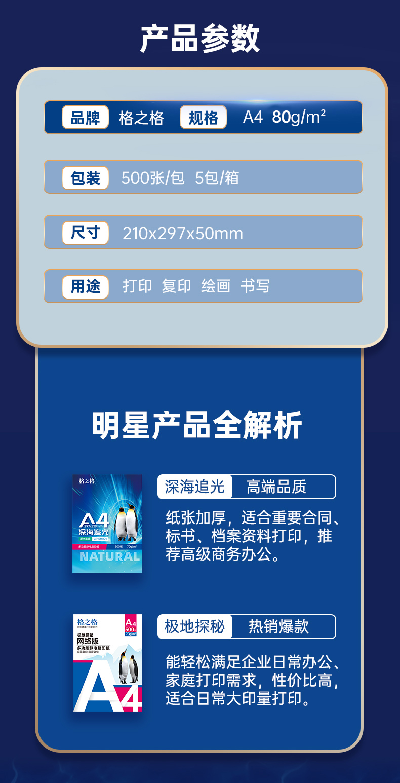 格之格 A4纸 80g A4打印纸 多功能双面复印纸 500张/包 5包1箱（整箱2500张）高性价比 办公优选复印纸