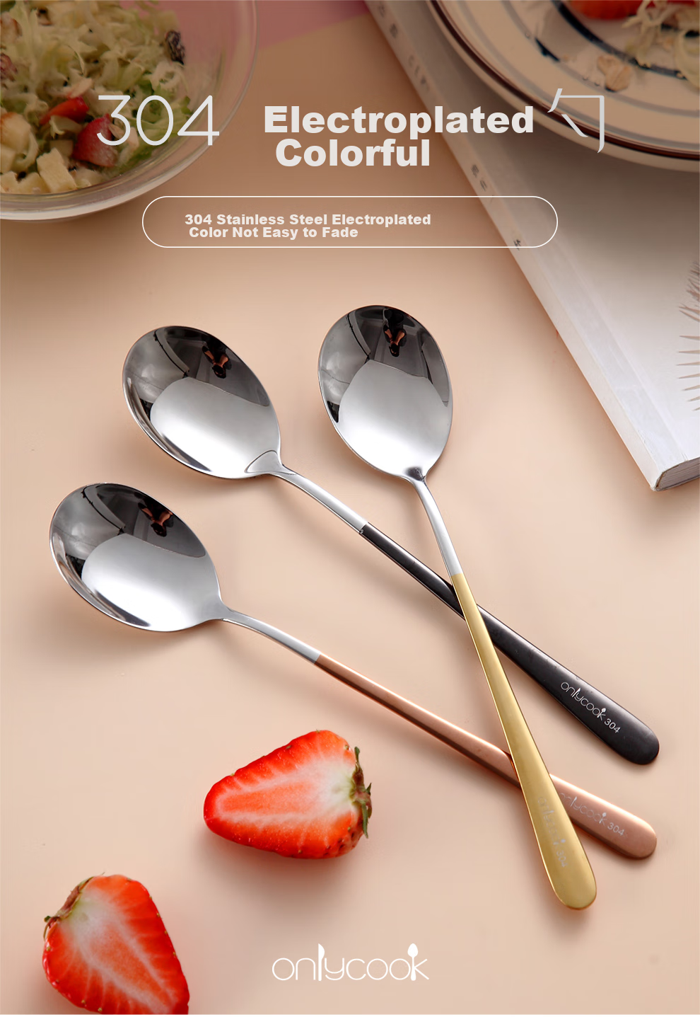 Onlycook Набор из 3 ложек из нержавеющей стали 304, ложки для супа, риса, десертов, с длинной ручкой, цветные