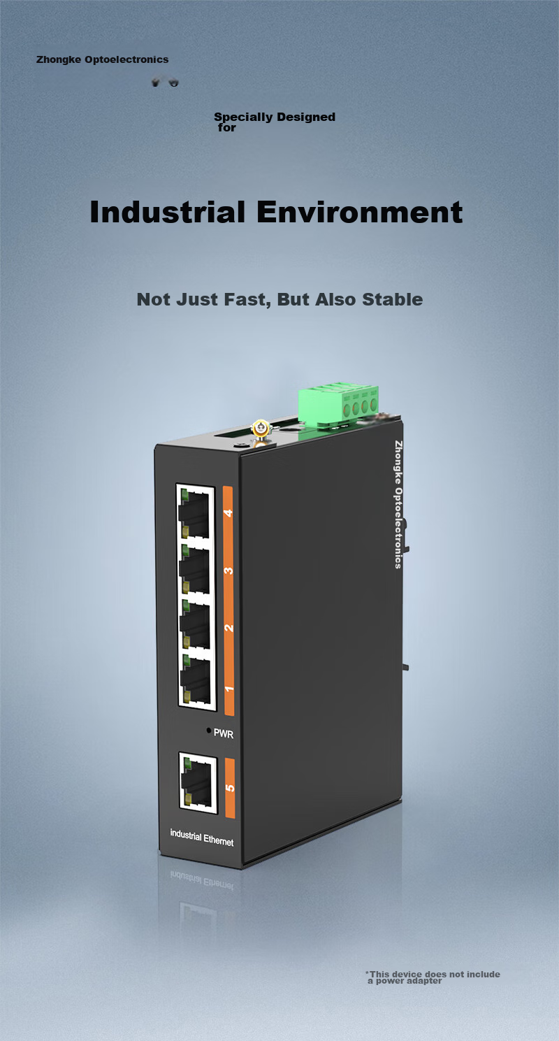 Промышленный коммутатор ZK-6500 Zhongkeguangdian с 5 портами, промышленный Ethernet-коммутатор, монтируемый на DIN-рейку, без блока питания. Диапазон рабочих температур от -30°C до +75°C, защита от перенапряжения 6000В, IP40.