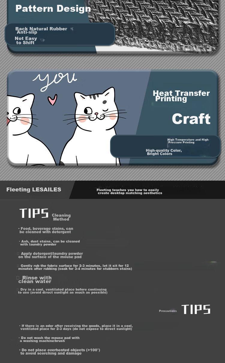 Коврик для мыши LESAILES Cat Gaming, размер S-M, для офисного компьютера, сине-серый, 30*25 см