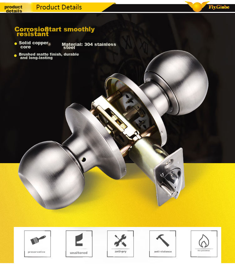 Замок для двери Fly.Globe FQ-607SS, трехстержневой сферический, из нержавеющей стали 304, для ванной комнаты, универсальный, подходит для дверей толщиной 45-55 мм