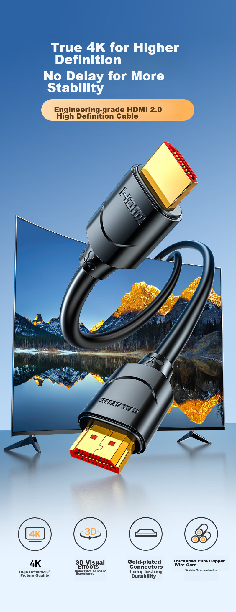 Кабель HDMI SAMZHE версии 2.0, 4K, 1.5 метра, для проекторов, ноутбуков, телевизоров, приставк