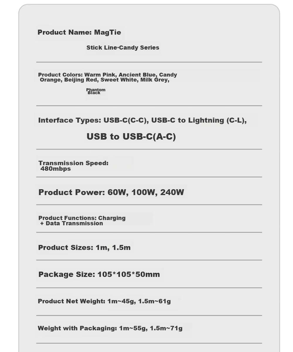 Магнитный кабель CANDYSIGN MagTie, USB-C - Lightning, 240W, 5A, белый, 1 метр