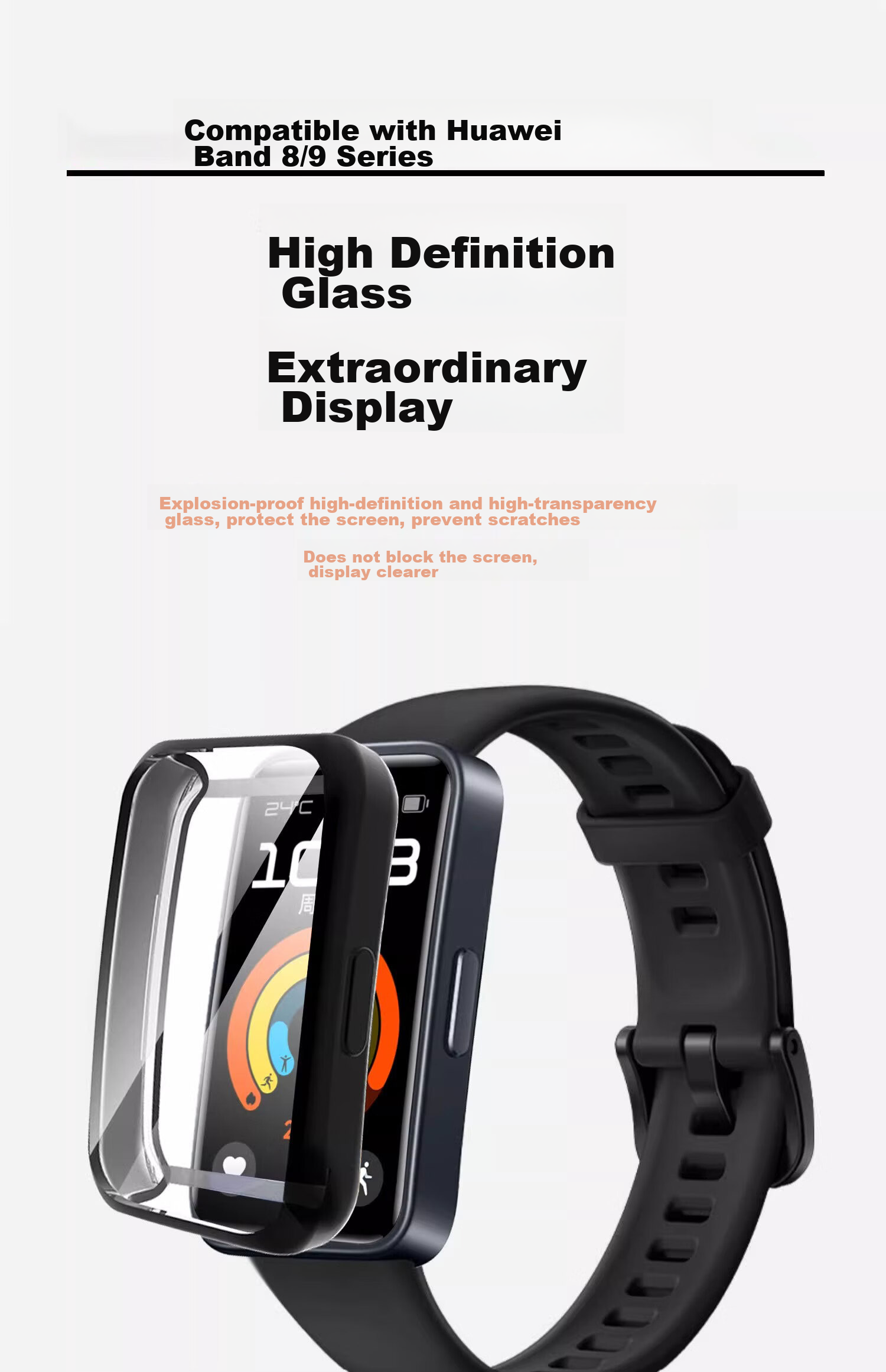 Защитный чехол Iboann для Huawei Band 9, 10, 8, прозрачный, с защитой экрана, TPU