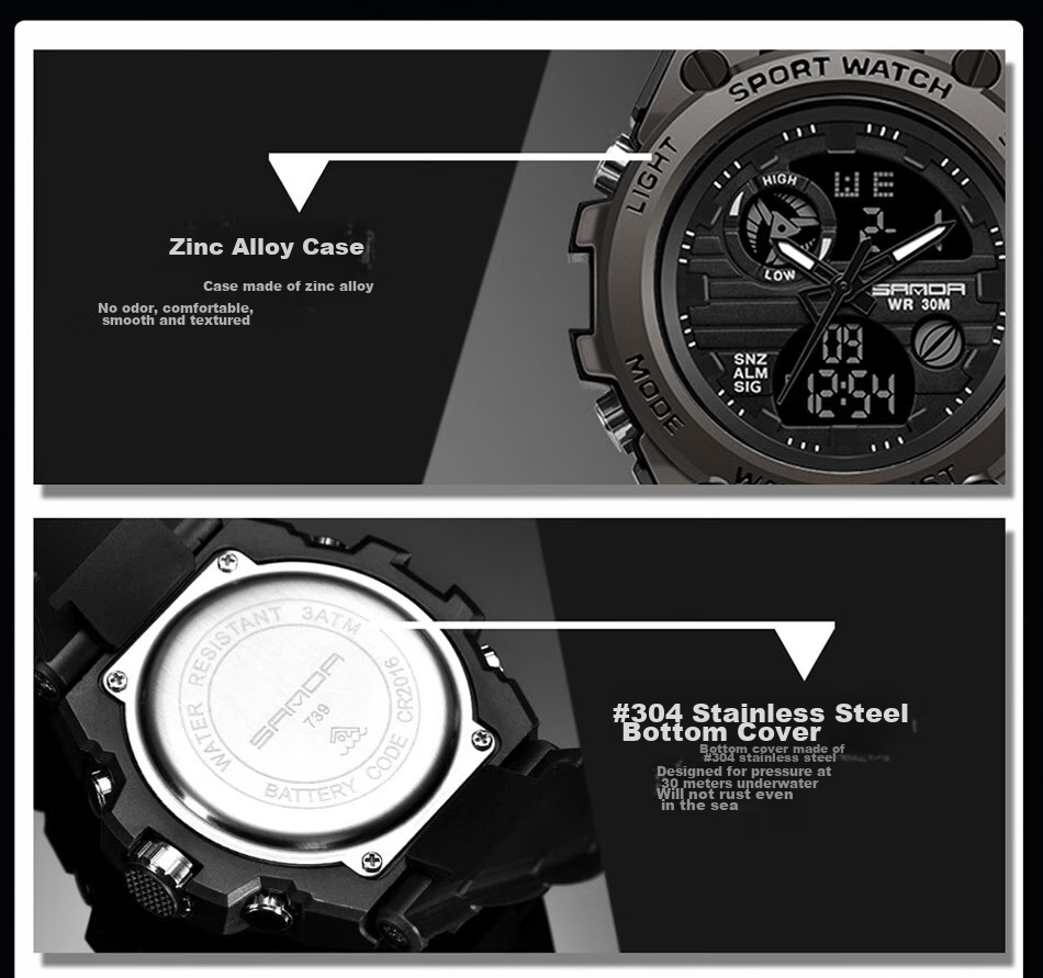 Мужские часы SANDA 739 Black Silver, спортивные электронные часы с будильником, водонепроницаемые до 30м, двойной дисплей