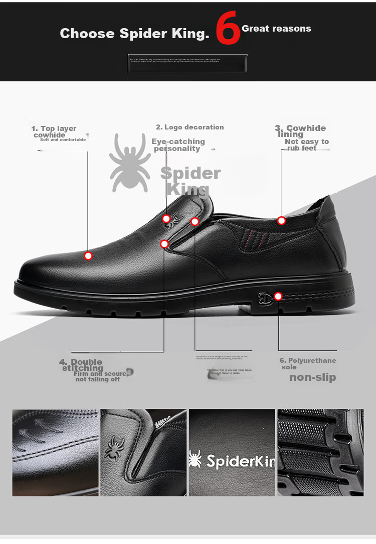 Мужские повседневные туфли SPIDER KING, кожаные, без шнуровки, для среднего и пожилого возраста, черные, размер 40