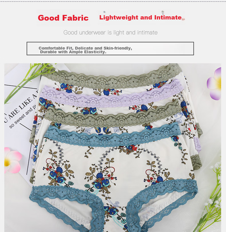 Женские трусы Deanfun, модель "Boyshorts" с кружевной отделкой, бесшовные, из модала, средняя посадка, размер L (46-48), 4 шт. в подарочной упаковке