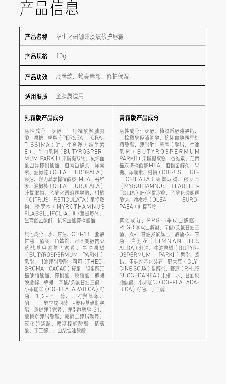 毕生之研咖啡淡纹2代唇霜乳霜版10g*2 润唇膏补水保湿淡化唇纹