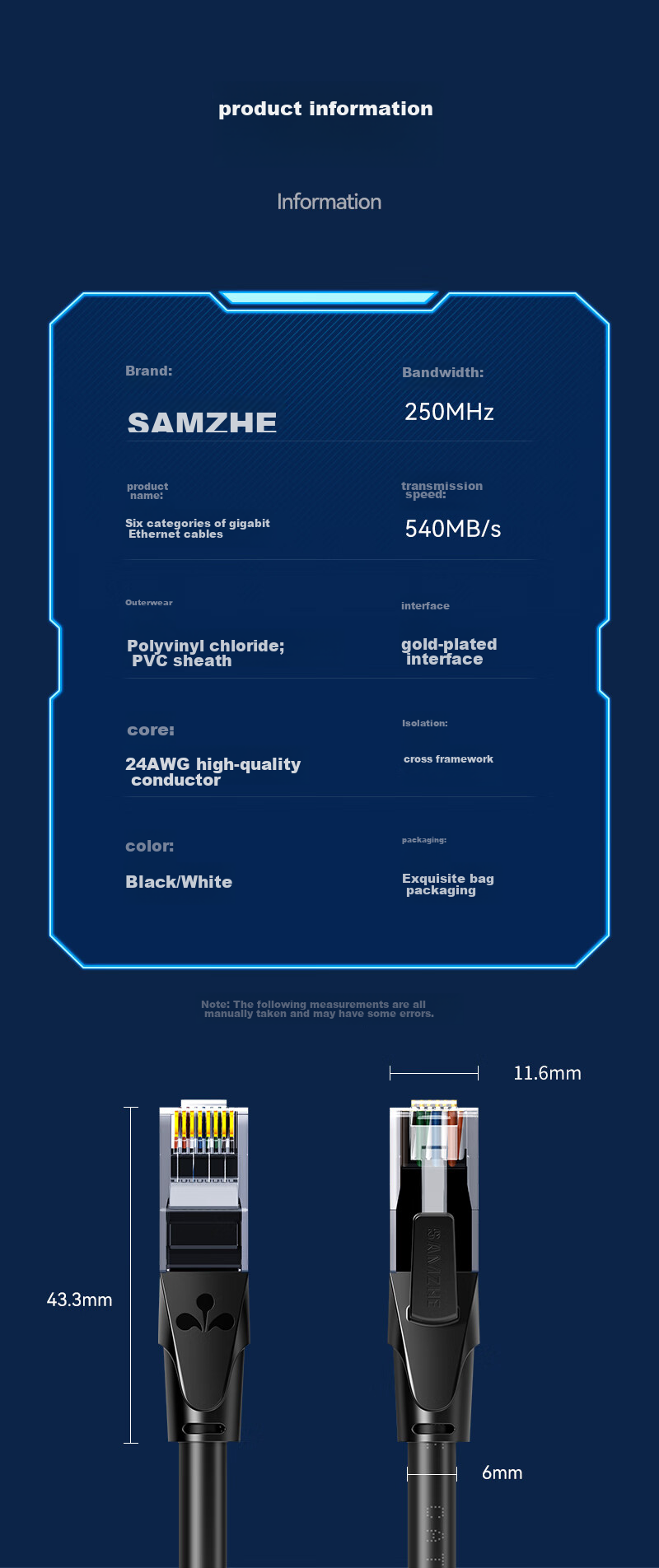 Сетевой кабель SAMZHE CAT6 Gigabit Ethernet, 2 метра, высокоскоростной широкополосный кабель для домашнего и офисного использования, черный
