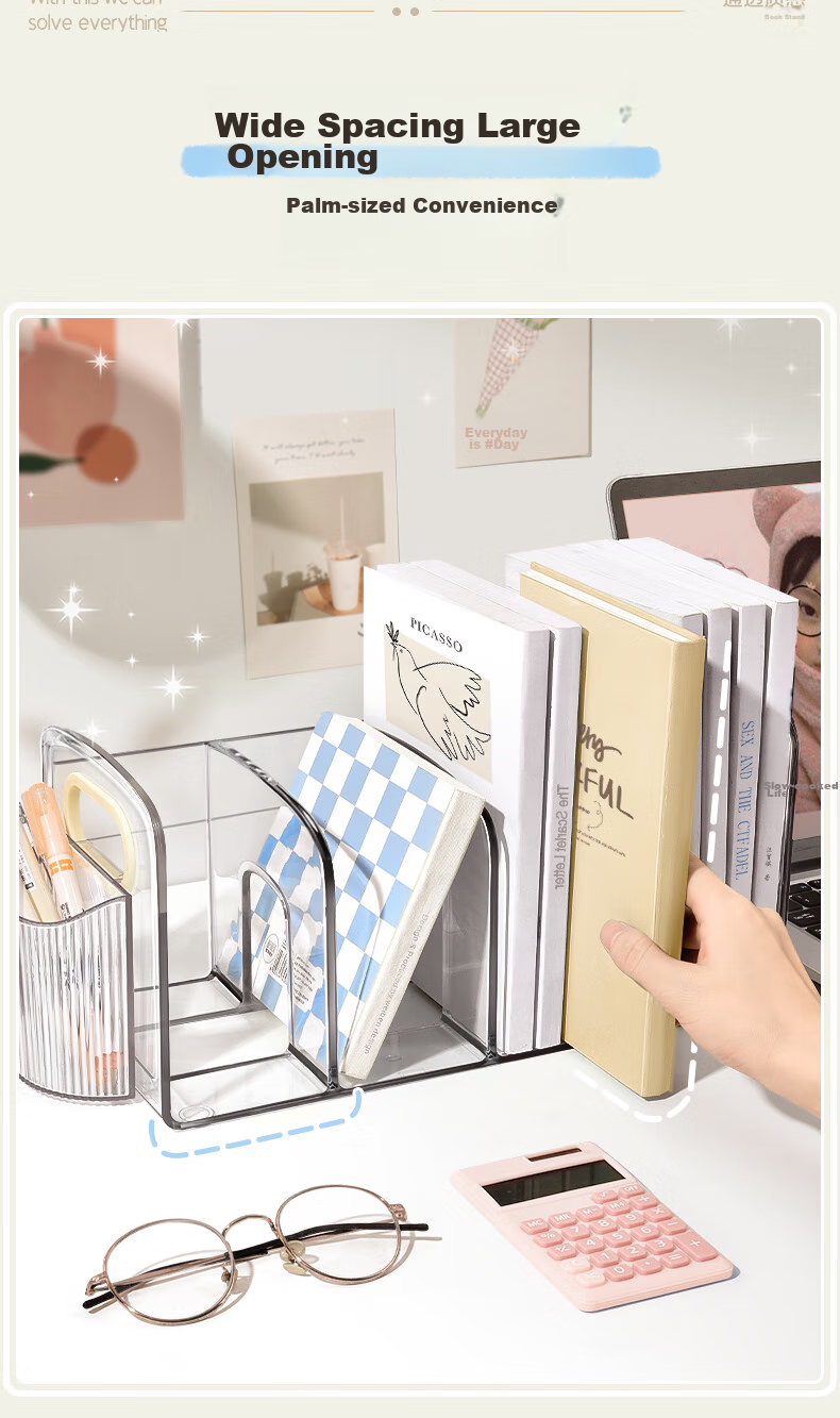 Подставка для книг Shuxing с пеналом, настольная, прозрачная, акриловая, 3 отделения