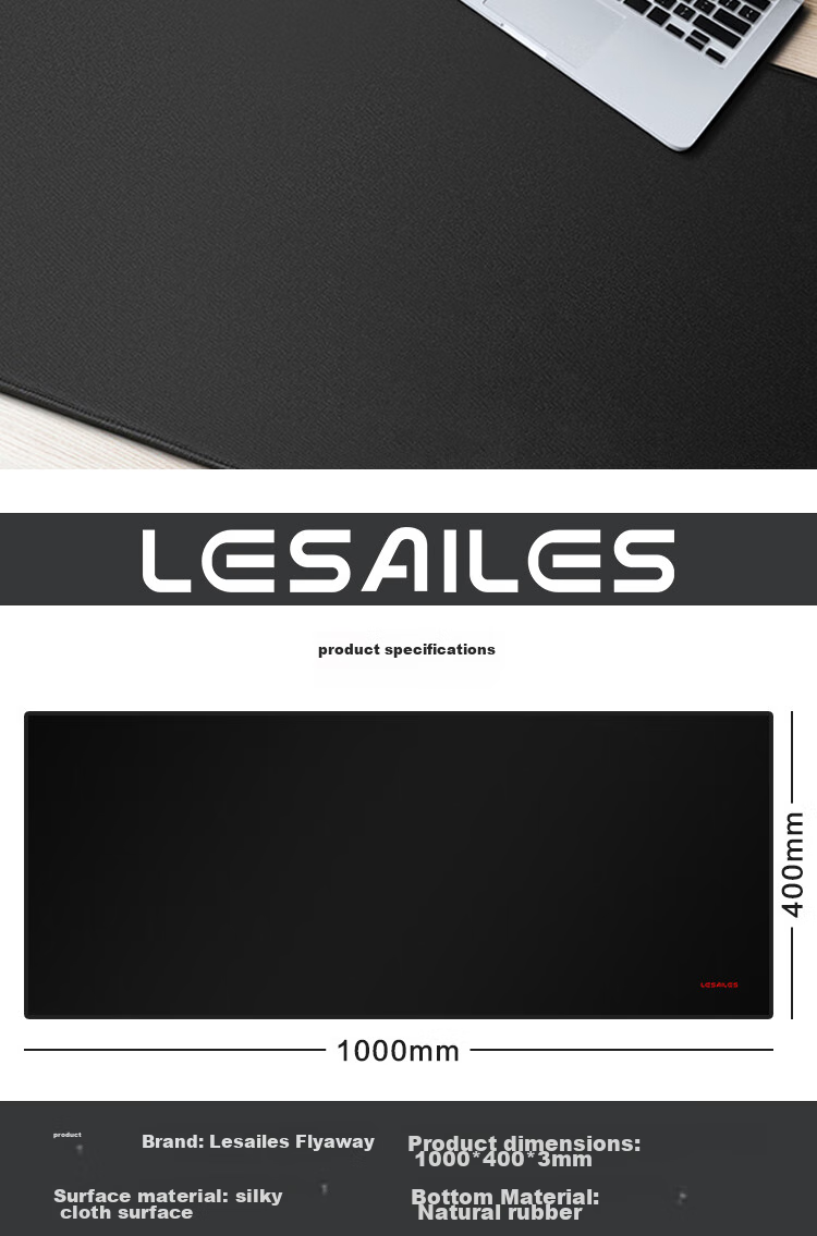 Игровой коврик для мыши LESAILES, большой, черный, 1000x400x3 мм