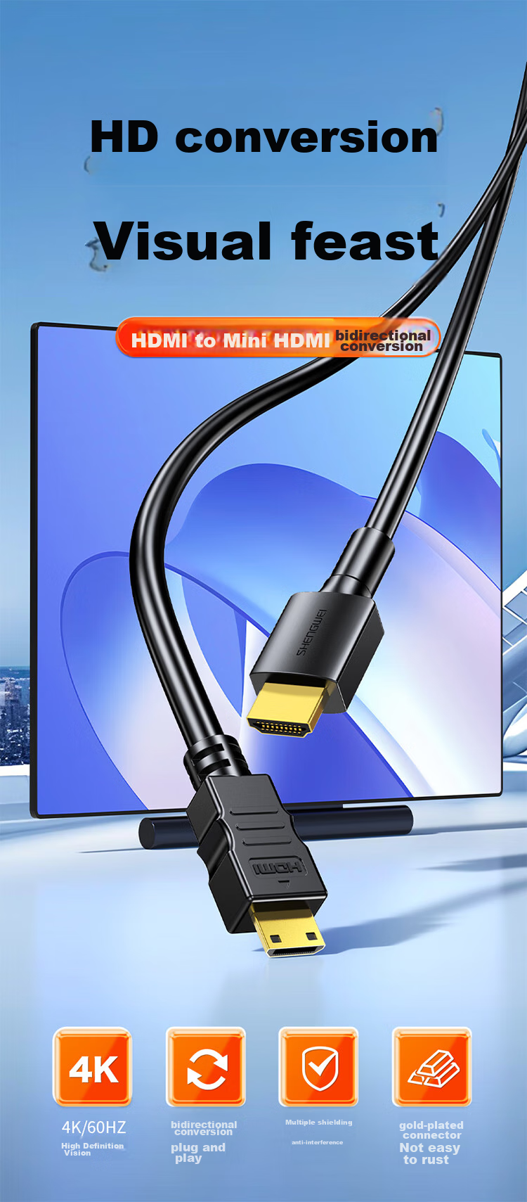 Кабель-переходник Shengwei HDMI на Mini HDMI, 1.5 метра, 4K@60Hz
