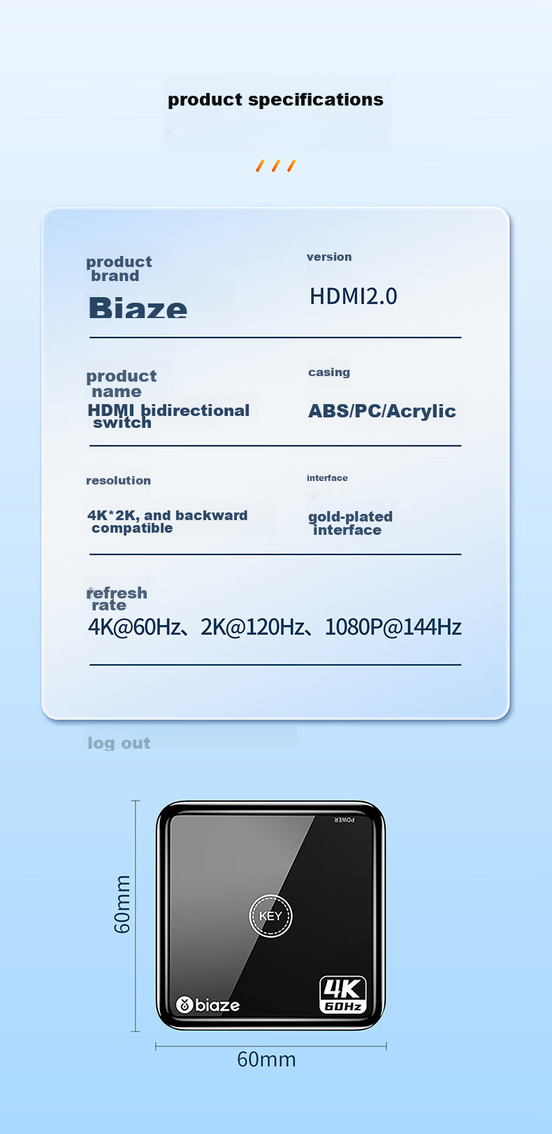 HDMI 2.0 переключатель BIAZE, 2 входа/1 выход, 4K/60Hz, HD видеораспределитель, двунаправленный, для ноутбуков, ТВ-приставок, телевизоров, проекторов