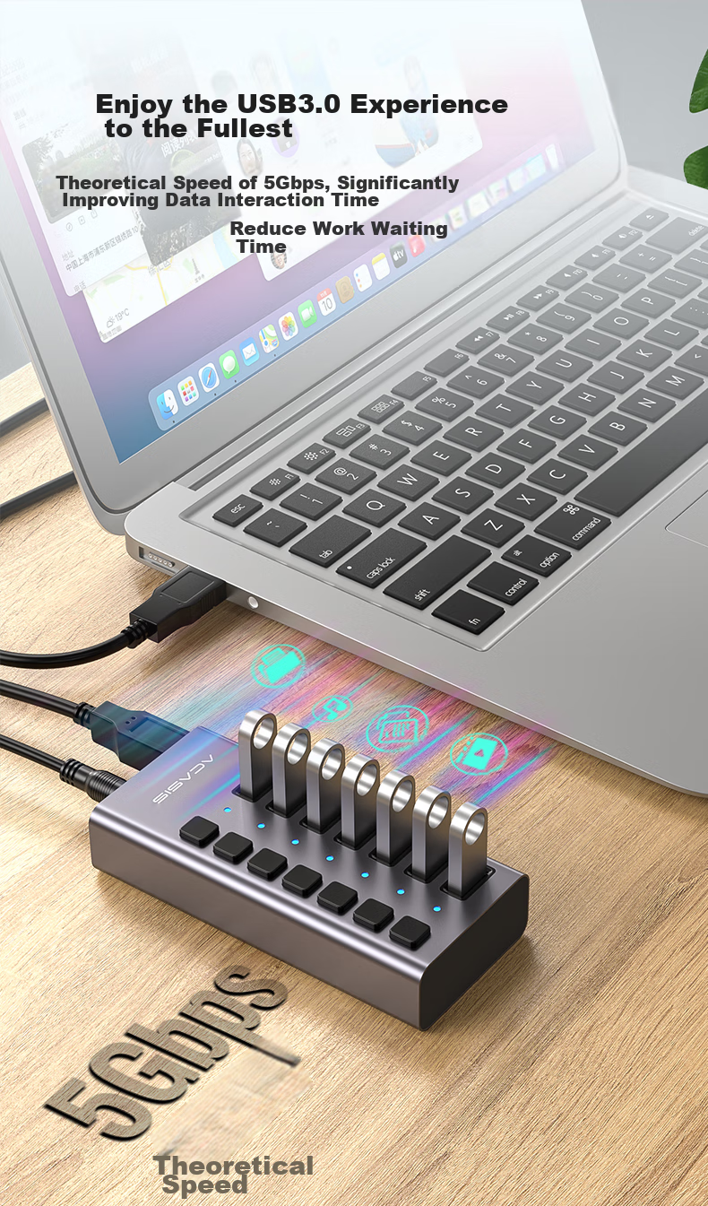 USB 3.0 концентратор Acasis HS-707MG, 7 портов с независимым управлением, алюминиевый корпус, серебристый