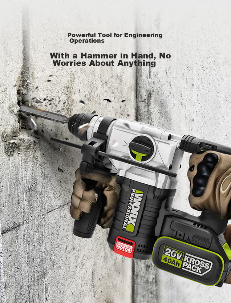 Аккумуляторный перфоратор WORX WU388, 20В, 4.0 Ач х 2 шт., бесщеточный, 3 режима