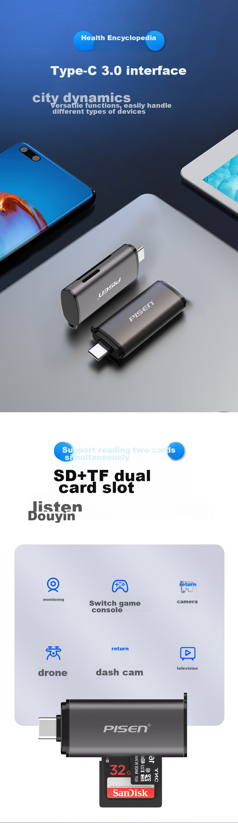 Кард-ридер PISEN Type-C SD/TF, 2-в-1, алюминиевый корпус, USB 3.0, OTG для смартфонов и ноутбуков