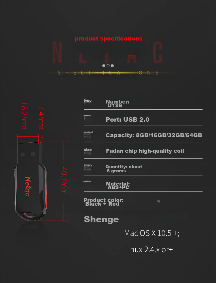 USB-накопитель Netac U196 32GB USB 2.0, черный/красный
