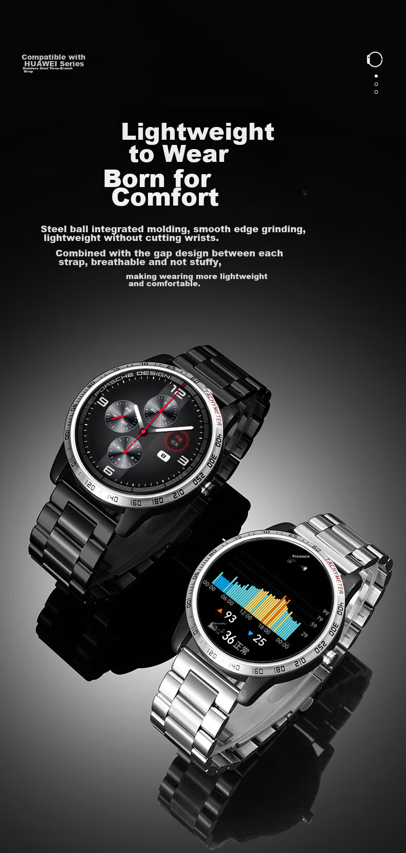 Ремешок PISEN из нержавеющей стали для Huawei Watch 5/4/3/GT6/5/Pro/gt4/3, трехжильный стальной браслет, ширина 22 мм, металлический ремешок для часов с циферблатом 46 мм, серебристый