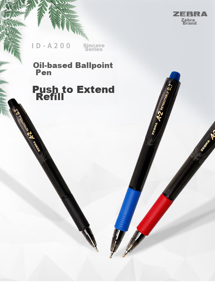ZEBRA Genuine Ballpoint Pen Series, 0.7mm Bullet Tip, Push-Button Retractable Pen, for Students And Office Use, Medium Oil Pen, ID-A200, Black