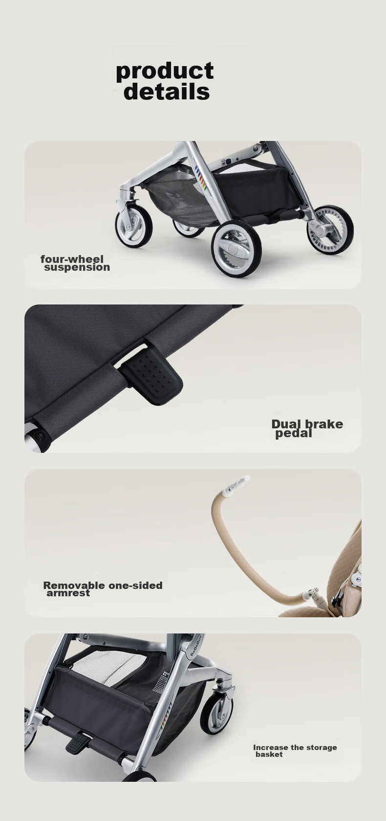Детская коляска Bebebus Artistic Stroller, с регулируемой спинкой и сиденьем, легкая складная, реверсивная, с высоким обзором, цвет "Шампанское золото"