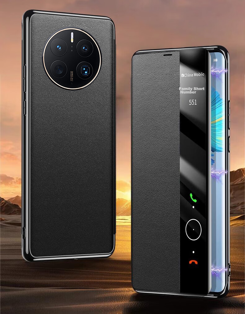 Чехол-книжка Eddga "Chuan Lian Jin Bao" для Huawei Mate50 Pro, флип-обложка с окном для просмотра уведомлений, полная защита, ударопрочный, натуральная кожа, с функцией "сон/пробуждение", черного цвета