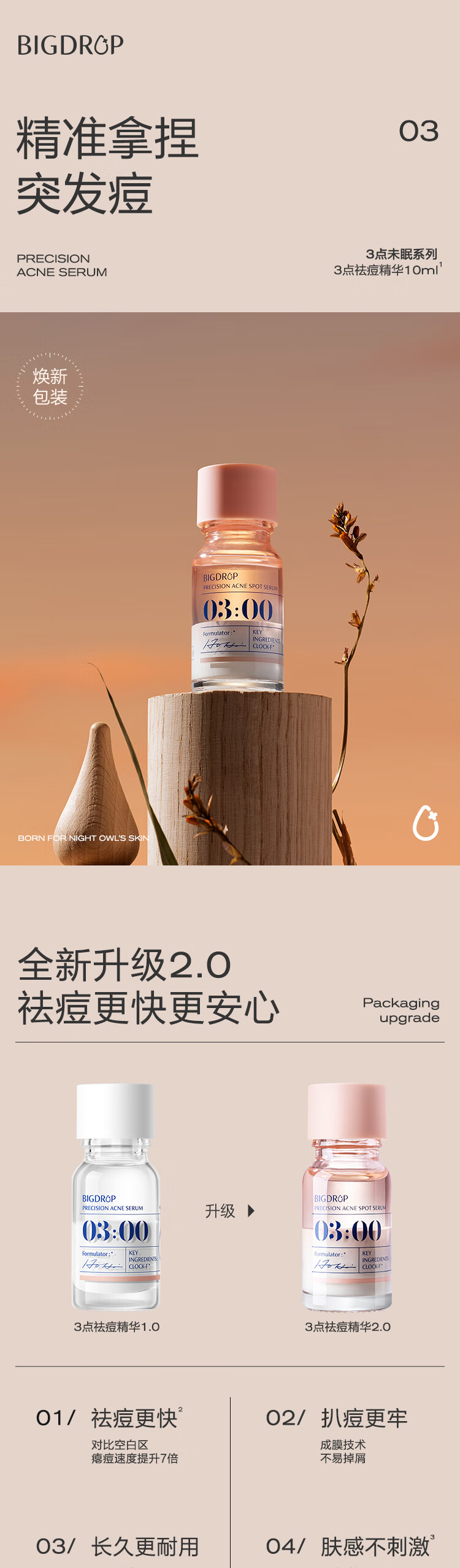 大水滴3点祛痘精华2.0紧急祛痘水杨酸熬夜姨妈痘青春痘男女 10ml*2支